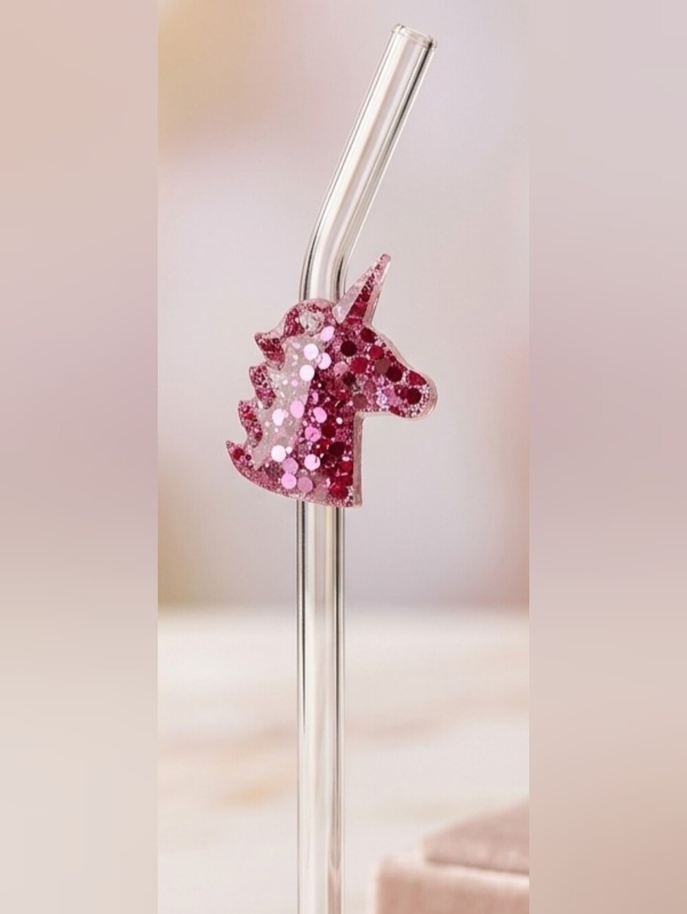 Handmade Pink Glitter Resin Unicorn Straw Topper & Reusable Glass Straw Set